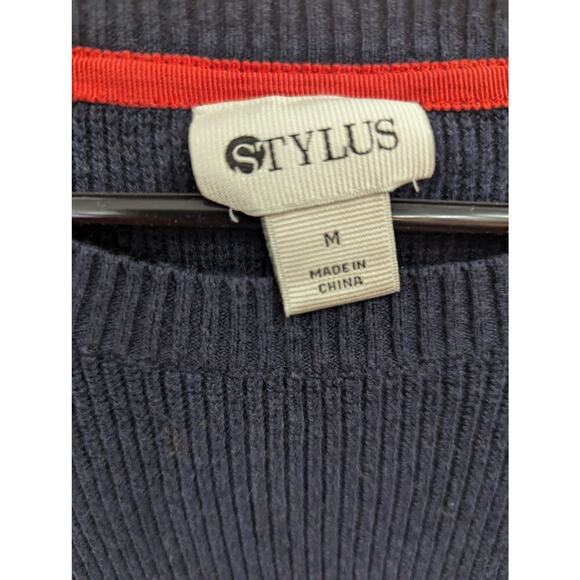 Sporty Navy women's sweater by Stylus w/sleeve stripe in cream & yellow, size M - Picture 3 of 8